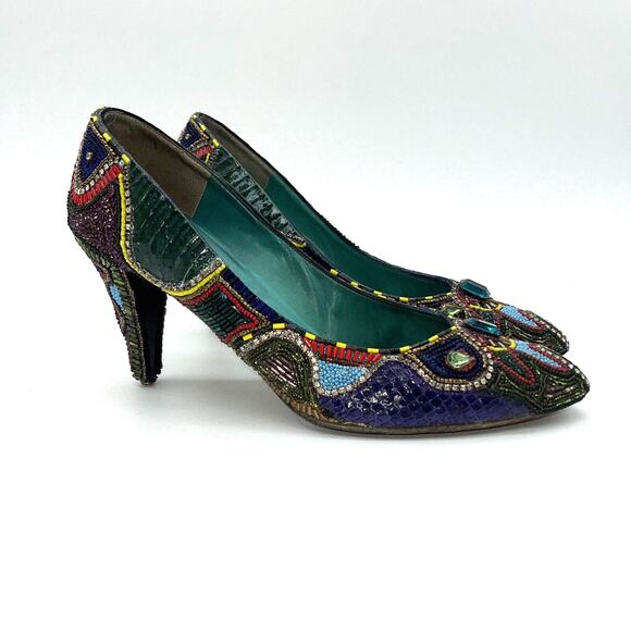Bradley Levin Beaded Heels Womens 8 Charles Jourdan 80s 90s Vintage Rare Unique - Picture 2 of 15